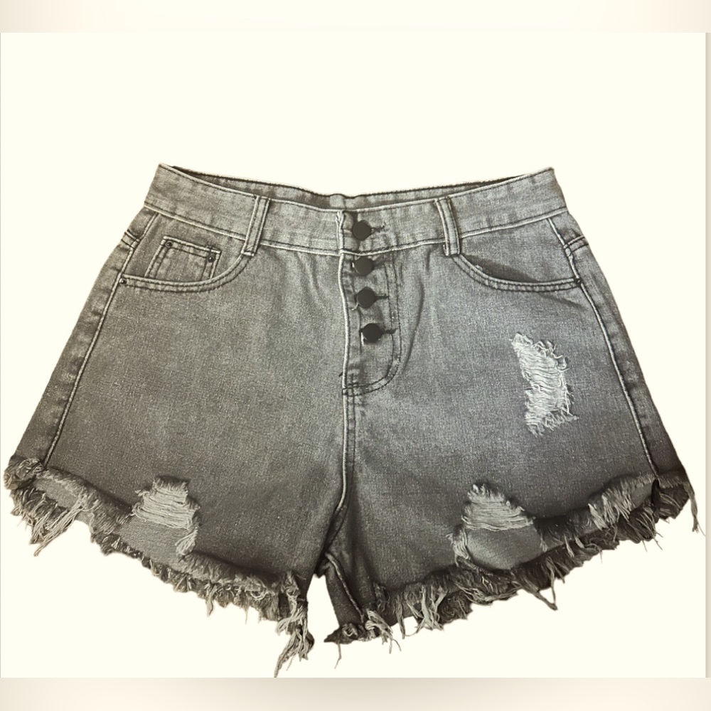 Impulsive Faded Black Distressed/Fringed Shorts- Women (Junior/Petite Fit)
